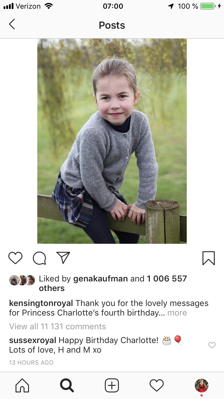 Meghan Markle e o príncipe Harry deixaram o comentário mais doce no aniversário da princesa Charlotte Instagram